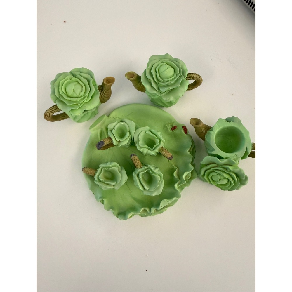 Miniature Cabbage Leaf Rose Tea Set Green 8 Piece Dollhouse Fairy Garden Decor